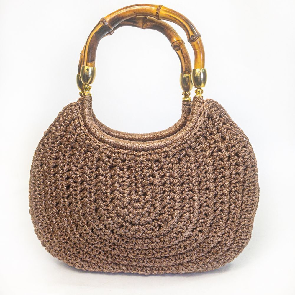 Vintage Brandeis Brown Macrame Clamshell Handbag Bamboo Handles - Picture 2 of 13